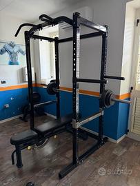 rack + bilanciere + panca + dips + 70 kg dischi