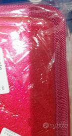 astuccio a 3 zip glitterato fucsia e blu