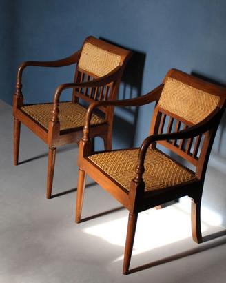Coppia di Poltroncine in legno e paglia di Vienna
