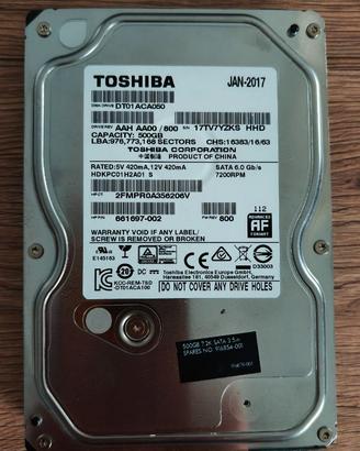 Hard Disk Toshiba 500GB dimensione 3,5 - SATAIII 