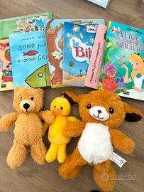 ser 6 libri per bambina + 3 peluches nuovi