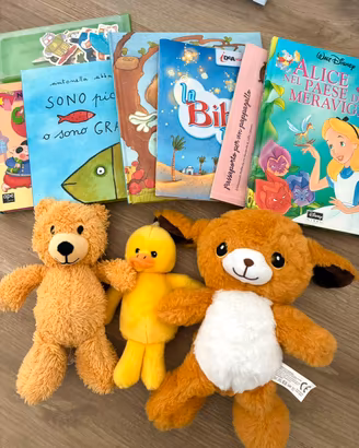 ser 6 libri per bambina + 3 peluches nuovi