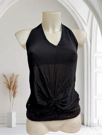 Maglia shirt, halter donna nera pailettes Amy Gee
