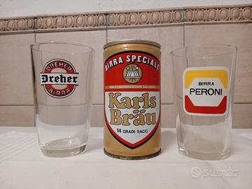  VECCHI BICCHIERI E LATTINA BIRRA VINTAGE 
