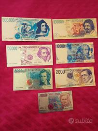 "LIRE" 7 BANCONOTE LAMINATI IN ORO COLORATE