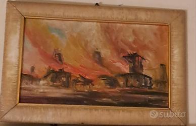 quadro Vintage dipinto ad olio, Paesaggio al tramo