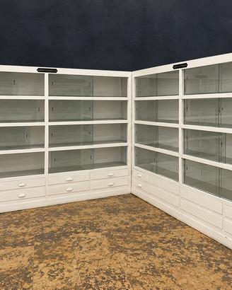 Coppia di grandi librerie-vetrine industriali
