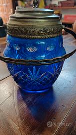 Biscottiera vintage vetro blu cobalto e metallo 
