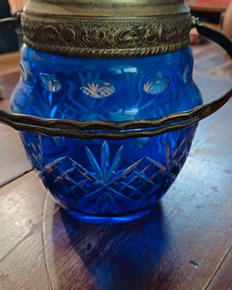 Biscottiera vintage vetro blu cobalto e metallo 