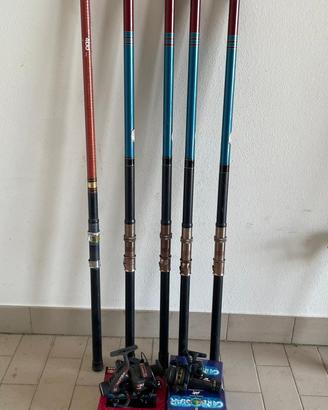 Set canne da pesca, mulinelli, retino e accessori