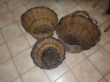 set 3 cestini in vimini rustici vintage