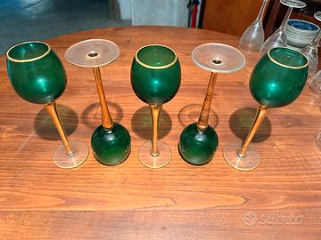 5 Calici Vintage Vetro Soffiato Verde Smeraldo