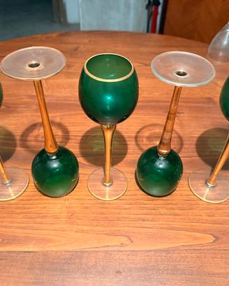 5 Calici Vintage Vetro Soffiato Verde Smeraldo