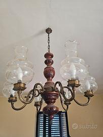 lampadario vintage legno e ottone