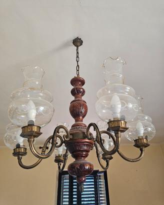 lampadario vintage legno e ottone