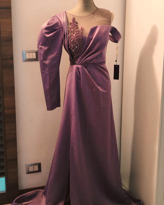 Splendido Abito da Sera Malva in Raso Duchesse con