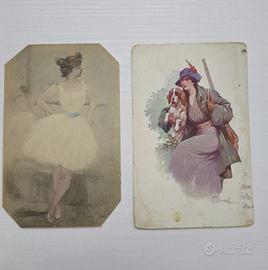 2 CARTOLINE ANTICHE DONNA CON CANE E BALLERINA nv