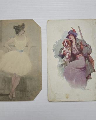 2 CARTOLINE ANTICHE DONNA CON CANE E BALLERINA nv
