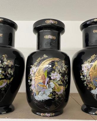 SET 3 VASI CINESI IN CERAMICA BLU NOTTE DECORATI