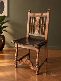 Set 6 sedie legno e cuoio stile neorinascimentale