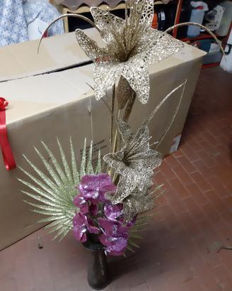 Composizione fiori finti palme glitter brillantini