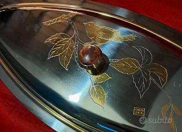 vassoio vintage in acciaio inox con decoro in oro 