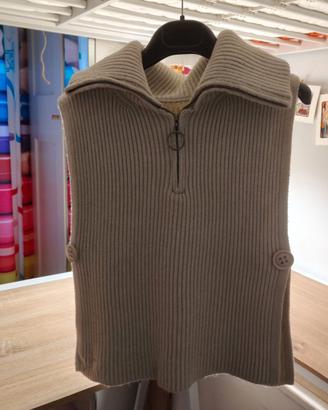 🤍 Gilet lungo in maglia beige – Collo maxi con zi