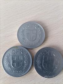 3 monete 5 franchi svizzeri 1968/1973/1983
