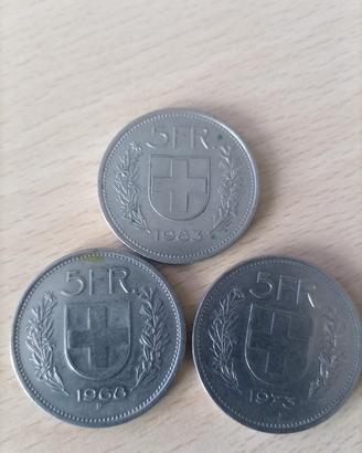 3 monete 5 franchi svizzeri 1968/1973/1983