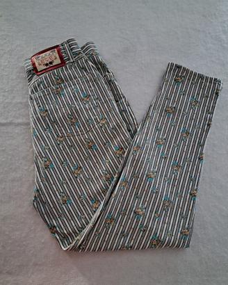 Jeans donna casual in denim a righe con fiorellini