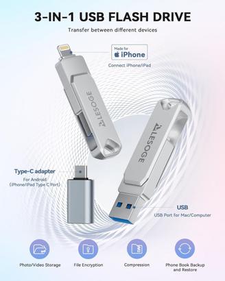 LESOGE MFi  Chiavetta USB 128 GB per iPhone 3 in 1