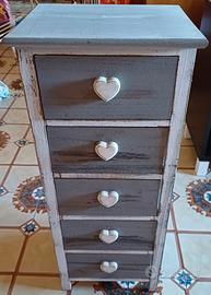 CASSETTIERA SHABBY CHIC CON CUORI - 5 CASSETTI