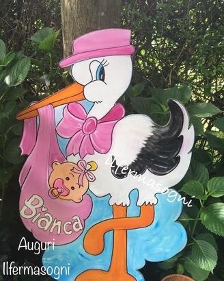 Cicogna in legno fiocco sagoma festa nascita