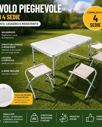 Tavolo Pieghevole con 4 Sedie – Set Campeggio