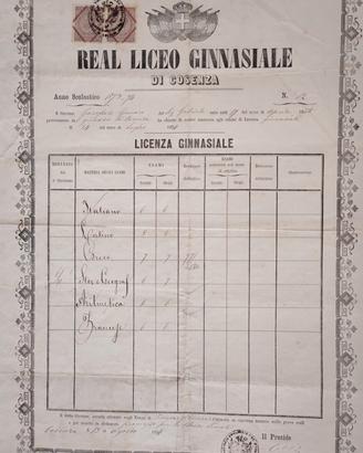 Antico Attestato Scolastico 1874 Liceo Cosenza 