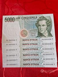 6 banconote da 5000 lire Bellini FDS