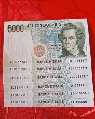 6 banconote da 5000 lire Bellini FDS