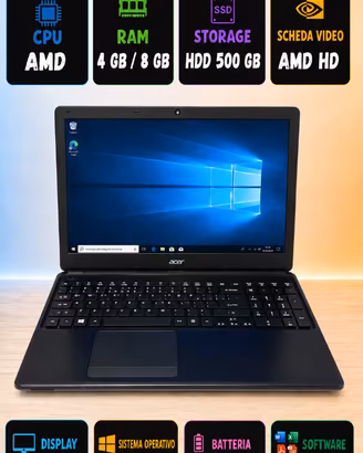 PC Portatile Acer HDD 500Gb  RAM 4GB 240GB Win11