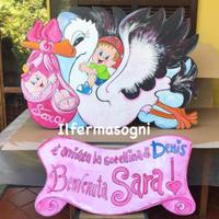 Fiocco nascita cicogna in legno