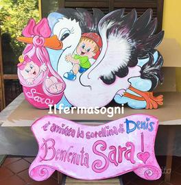 Fiocco nascita cicogna in legno