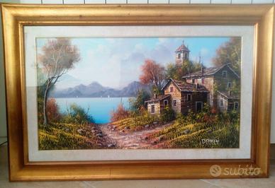 Quadro, dipinto ad olio su tela "Lago di Garda",