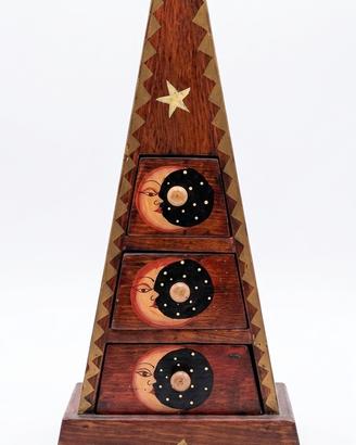 Minicassettiera in Legno Piramide Sole Luna Etnico