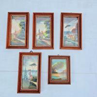 5 quadri con dipinti olio su tela con cornice