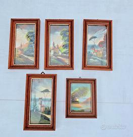 5 quadri con dipinti olio su tela con cornice