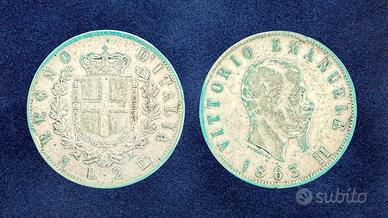 2 Lire 1863 N Napoli Regno d'Italia Argento moneta