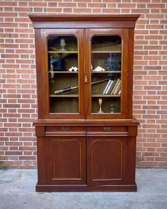 LIBRERIA CREDENZA VETRINA INGLESE MOGANO MASSICCIO