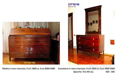 Ribalta e cassettone in noce intarsiato 1800 ca.