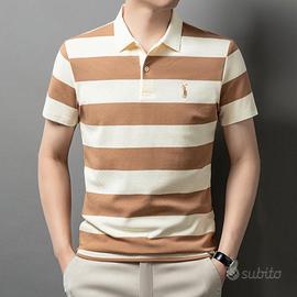 Men’s Striped Polo Shirt Beige White Knit Casual S
