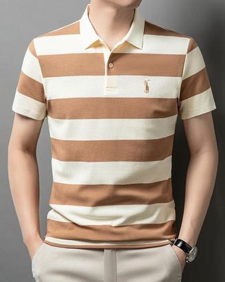 Men’s Striped Polo Shirt Beige White Knit Casual S