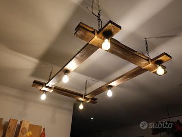 LAMPADARIO RUSTICO ARTIGIANALE IN LEGNO 6 LUCI